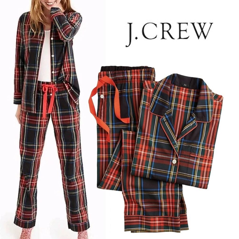 J.Crew Black Stewart Tartan Plaid Vintage Cotton Pajama Set, Size XS